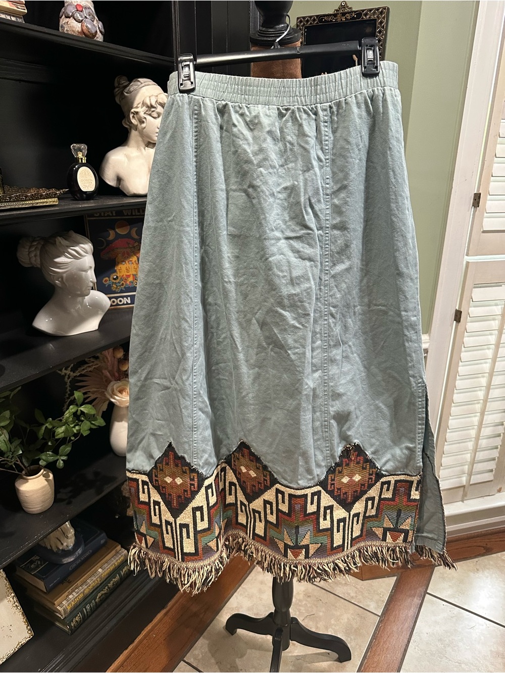 David Dart Denim Maxi Skirt – Woven Carpet‑Style Hem – Elastic Waist – Size XL